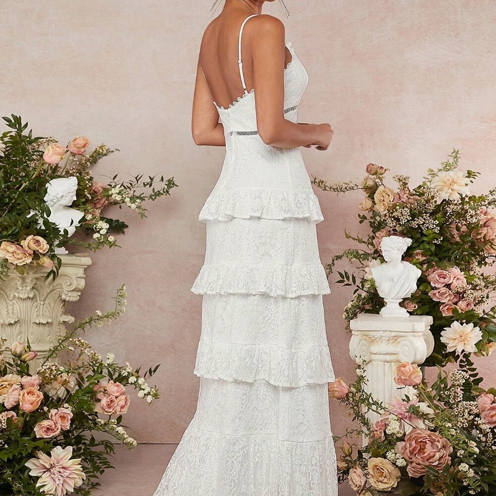 White Elegant Women's Tiered Ruffle Lace Cami Dress - Picture 2 of 5